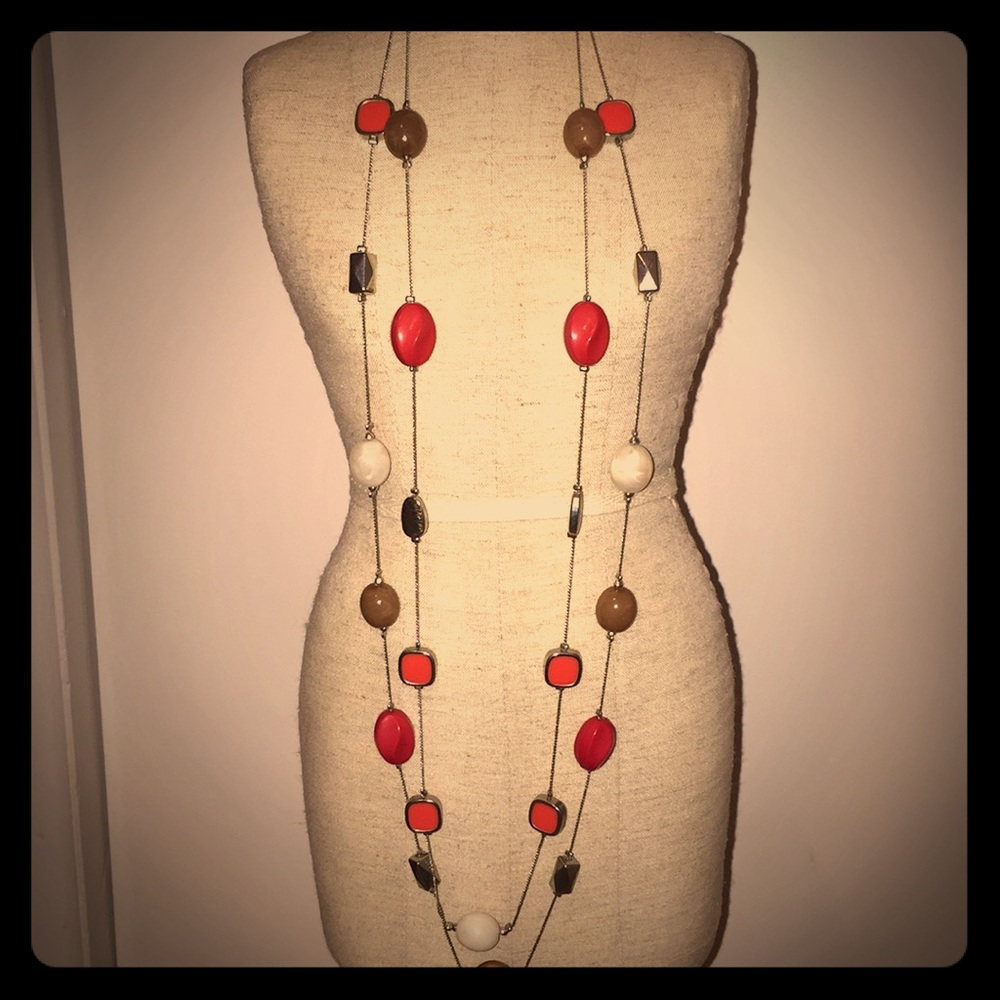 Long double chain silver beaded necklace